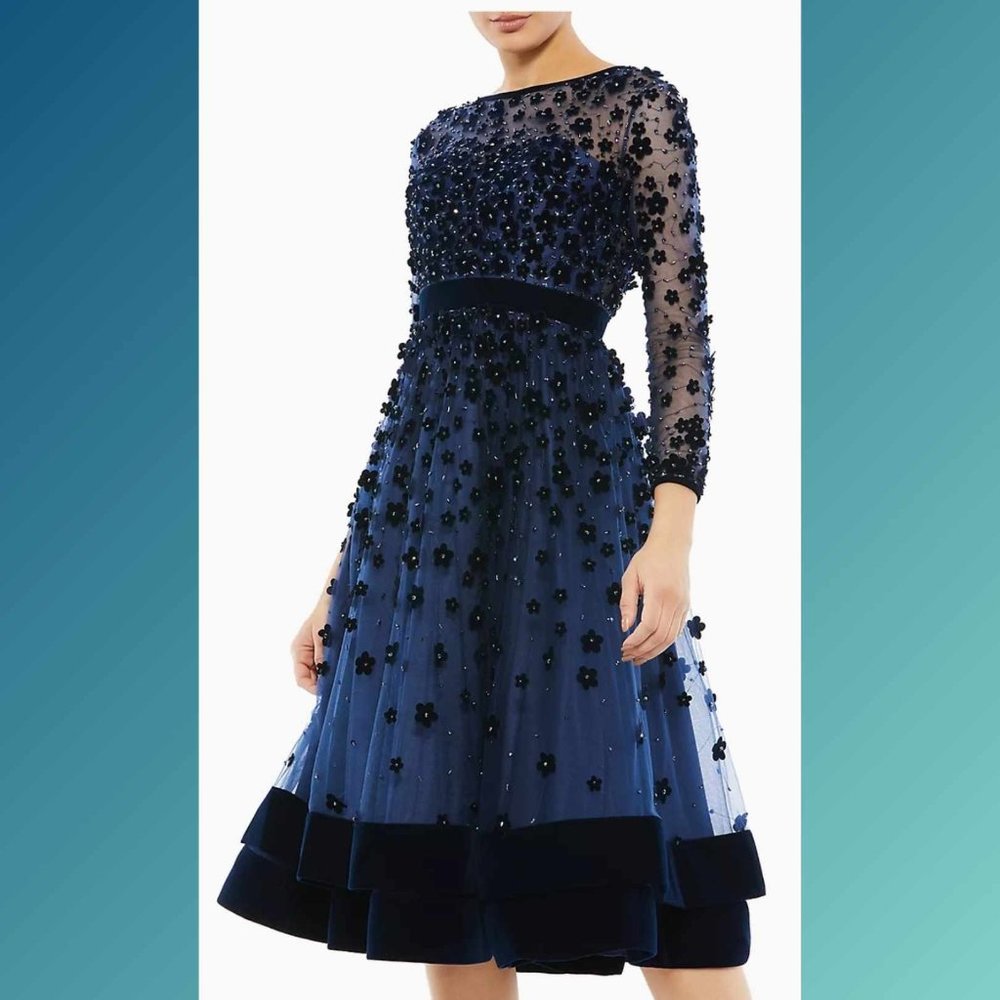 NWT Mac Duggal Midnight Floral Applique Tea Dress